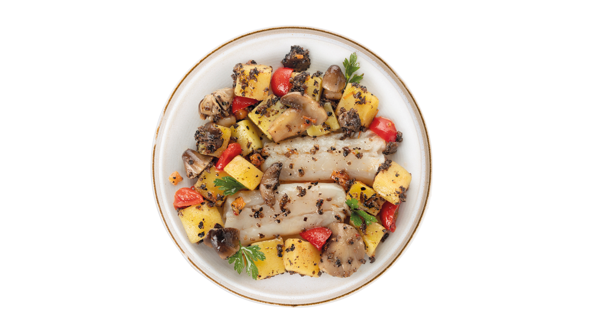 Cuori di merluzzo, patate, funghi trifolati e tartufo nero estivo (MSC)